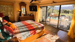 A bedroom with a large bed, a ceiling fan, a TV, and a sliding glass door leading to an outdoor area.
