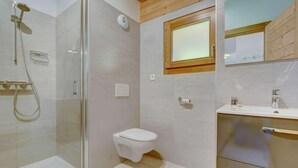 Ein modernes Badezimmer mit einer Duschkabine, einer Toilette und einem Waschtisch mit Spiegel.