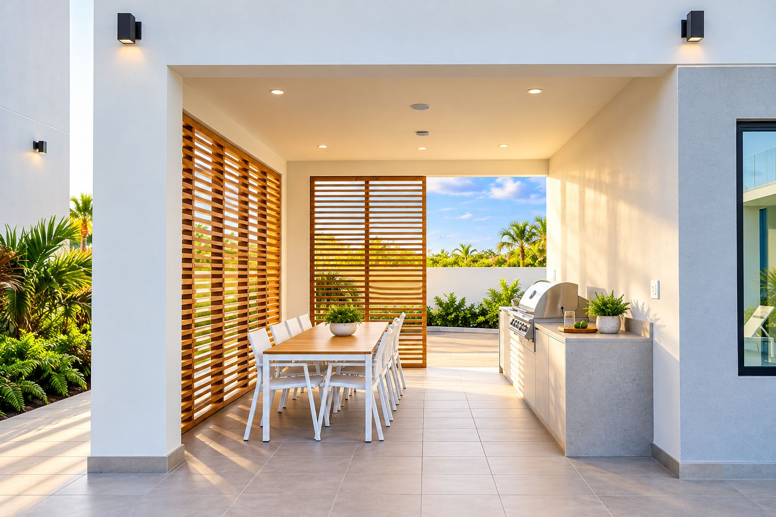 A modern outdoor kitchen area with a dining table and chairs, a grill, and a view of the surrounding greenery.