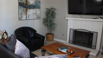 Smart TV, fireplace, books