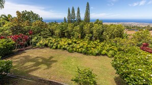 A lush garden with a variety of tropical plants and trees, a well-maintained lawn, and a view of the ocean in the background.