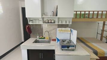 Fridge, stovetop, dishwasher, electric kettle