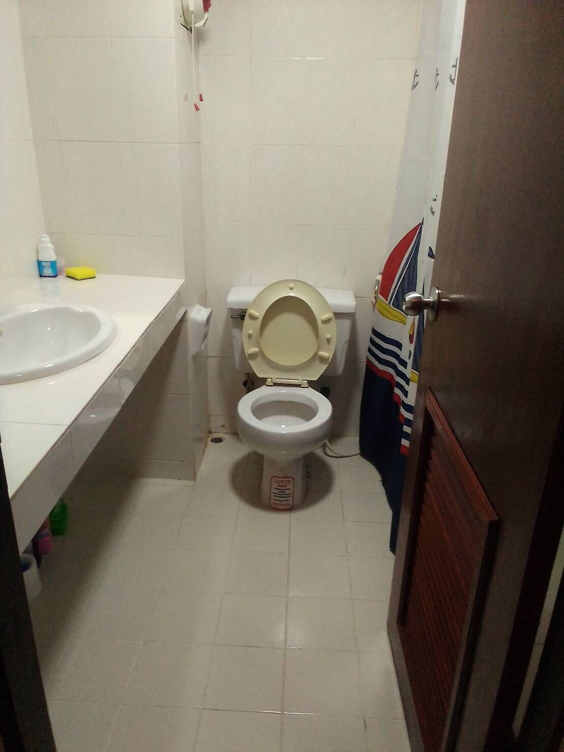 A small bathroom with a toilet, a sink, and a door.