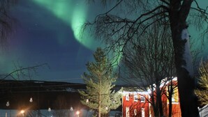 A snow-covered landscape with a red building, a tree, and a house with lights on. - Cozy swedish house with fireplace & big garden (Ramsele)