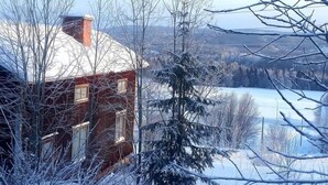 Paesaggio innevato con una baita di legno e un abete.