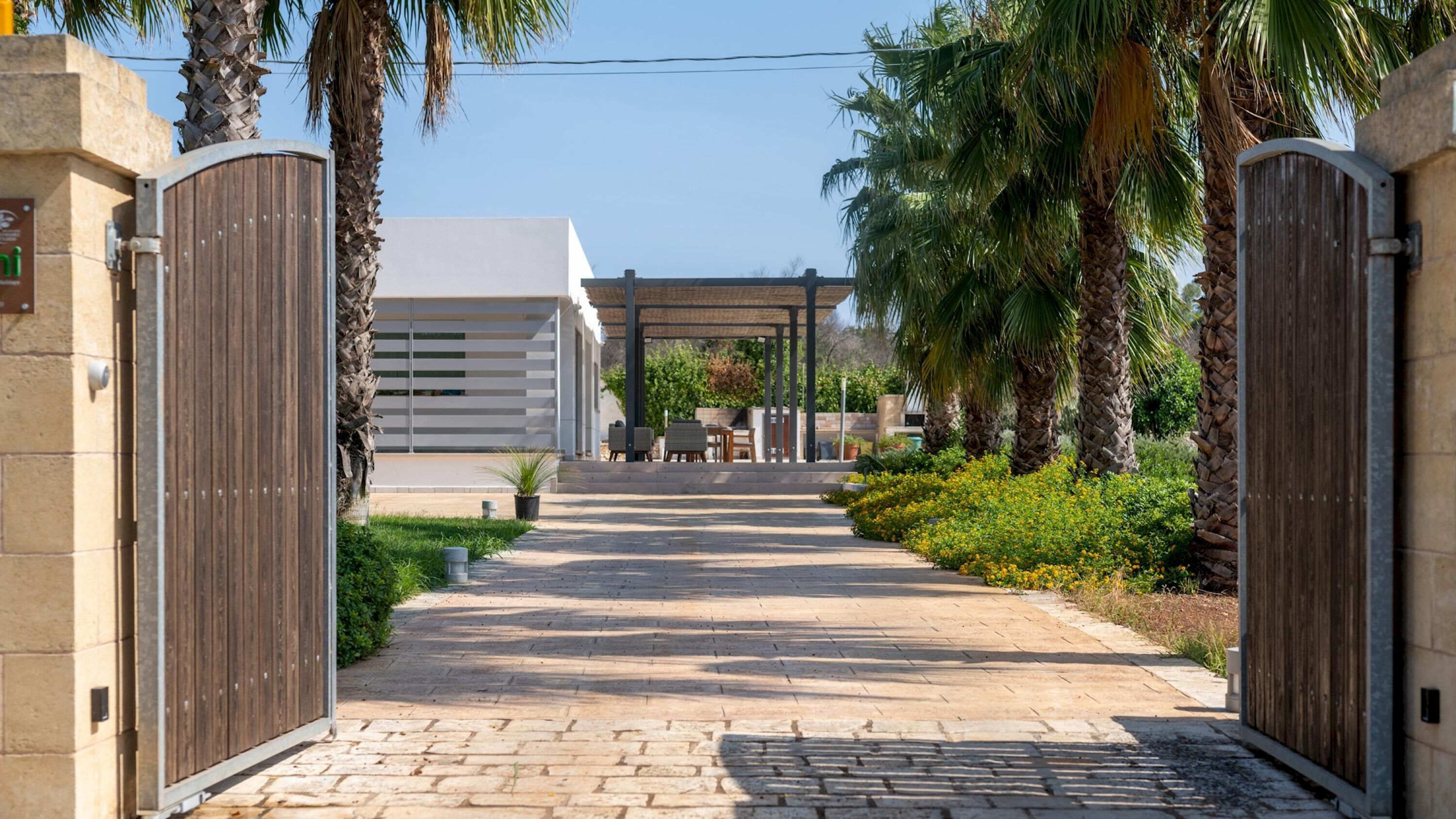 A paved pathway leading to a covered seating area with chairs and tables, surrounded by palm trees and a garden with yellow flowers.