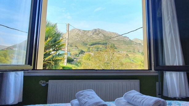 A room with a bed, a window with a mountain view, and a radiator. - La Rectoral Arriondas (Arriondas)
