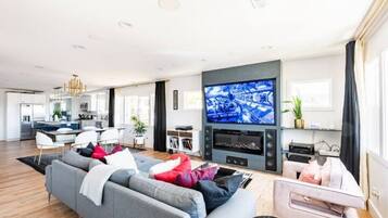 Smart TV, fireplace, books