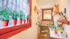 Een keuken met plantenpotten op de vensterbank, een spoelbak en diverse keukengerei aan de wand.