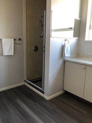 A bathroom with a glass shower enclosure, a white sink, and a mirror above it.