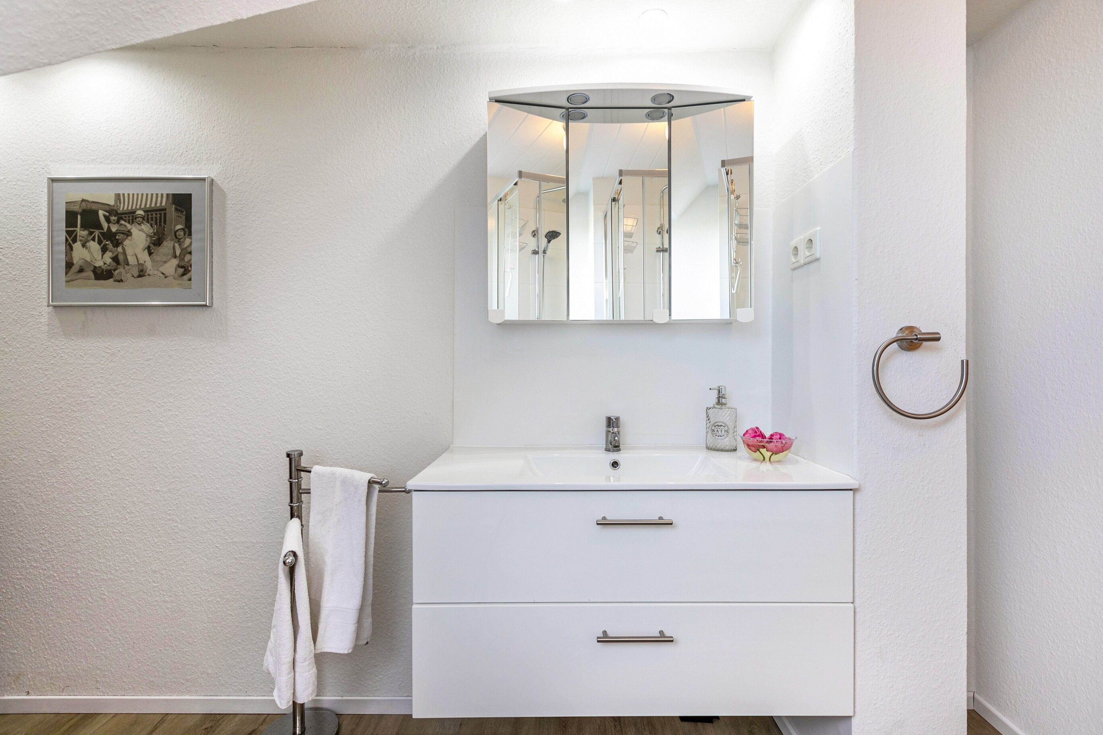 A bathroom with a white vanity, a mirror, a towel rack, and a framed photo on the wall.