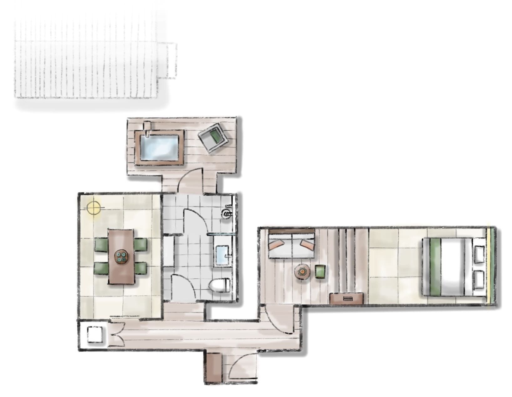 Un plan d’étage d’une chambre d’hôtel comprenant une salle de bain, un espace de vie avec un canapé et une télévision, et une chambre à coucher avec un lit et un bureau.