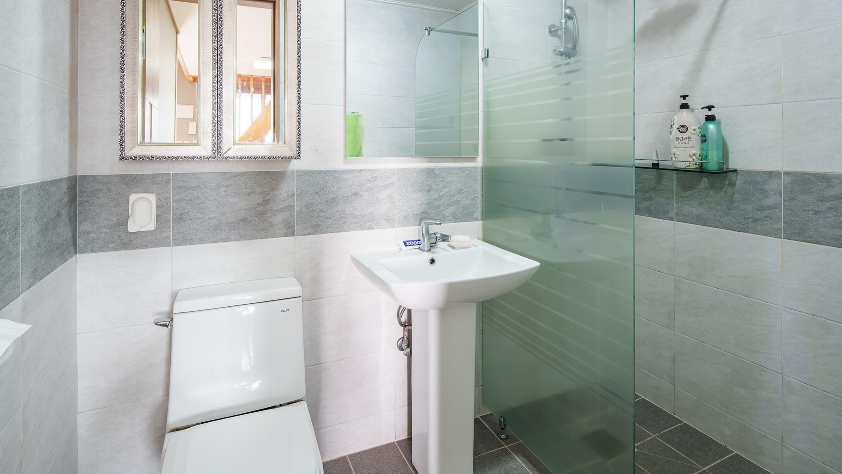 Un baño con inodoro, lavabo y ducha.