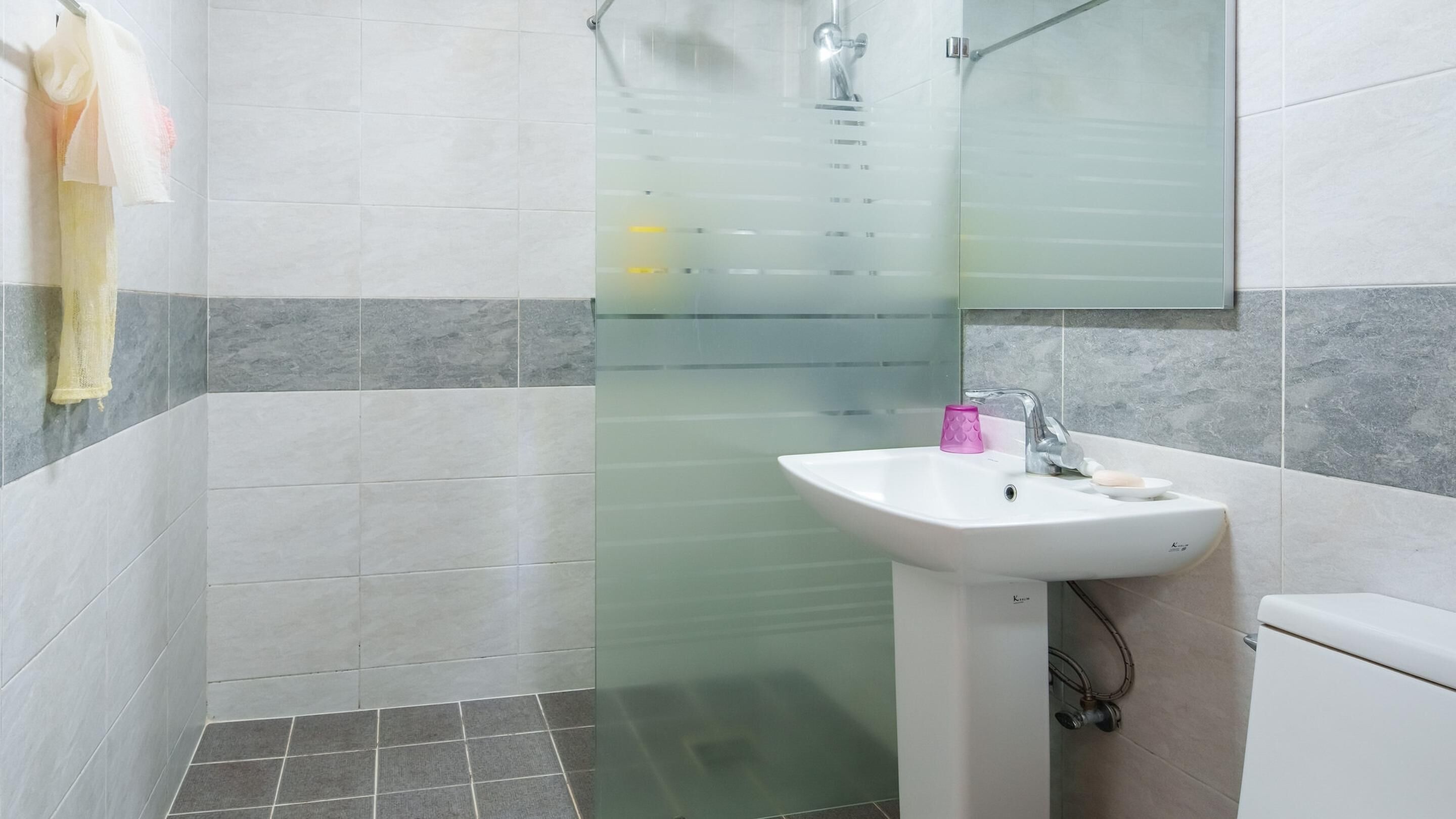 Une salle de bain avec une douche à parois de verre, un lavabo blanc avec un porte-savon et des toilettes.
