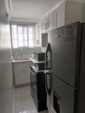 Appartement, 1 grand lit, cuisine, rez-de-chaussée | Cuisine privée | Grand réfrigérateur, micro-ondes, four, plaque de cuisson