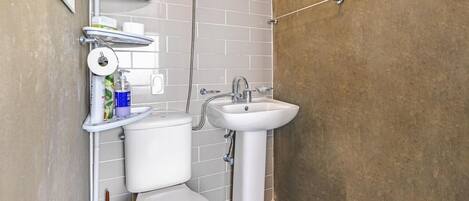 Un baño con inodoro, lavabo y ducha.