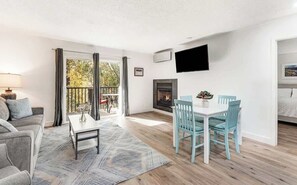 TV, fireplace, books