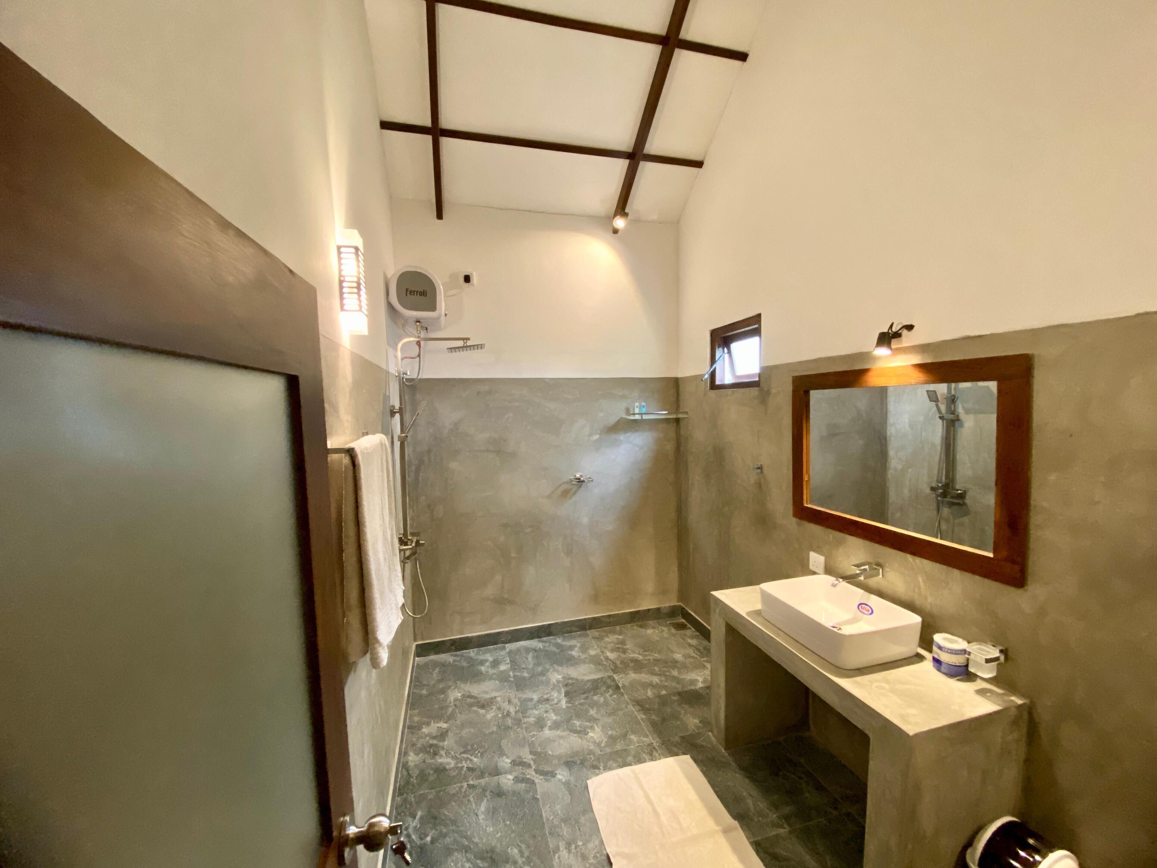A modern bathroom with a shower, a sink, and a mirror.