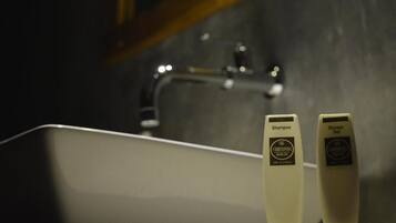 A bathroom sink with two toiletries: a shampoo bottle and a shower gel bottle.