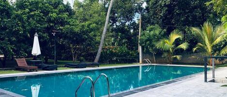 Ein Schwimmbecken mit gefliestem Sonnendeck, umgeben von üppiger Vegetation und Palmen.