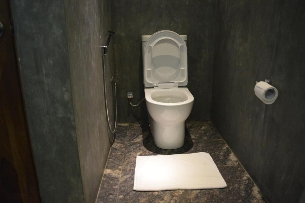 A small, private bathroom with a toilet, a shower, and a toilet paper holder.