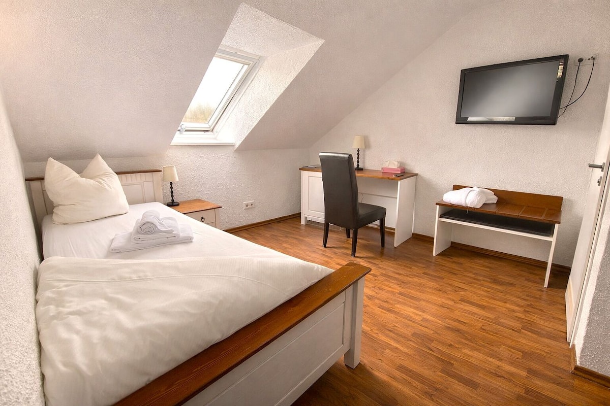 Un dormitorio con cama, escritorio, silla y televisor.