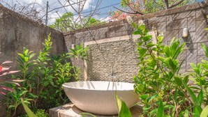 A large outdoor stone basin with a faucet, surrounded by lush greenery and a stone wall. - Villa Lotus Kayuputih (Sukasada)