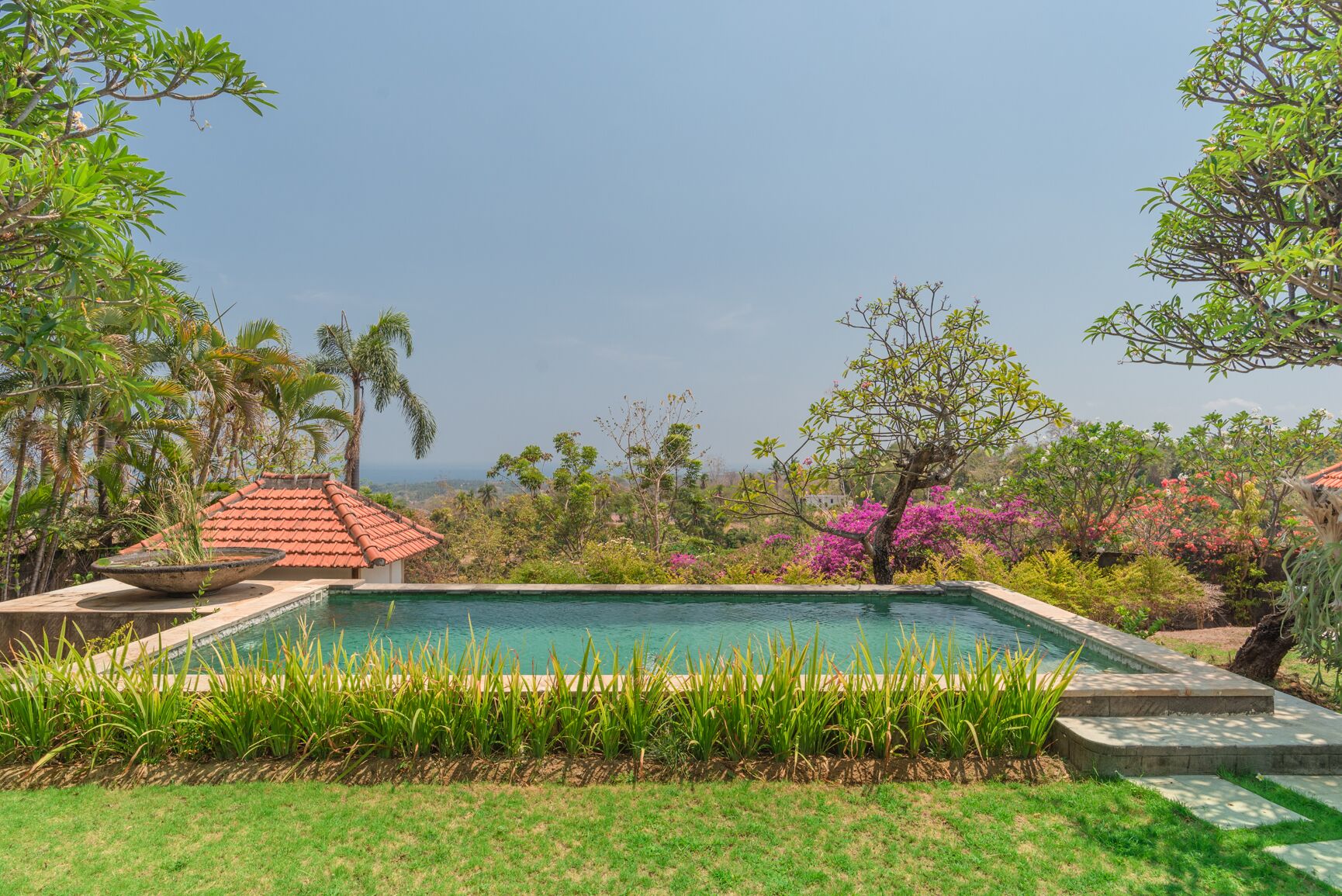 A rectangular pool with a tiled deck, surrounded by lush greenery and flowering plants.