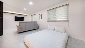 Een moderne slaapkamer met een bed, een bank, een televisie en een raam met zonwering.