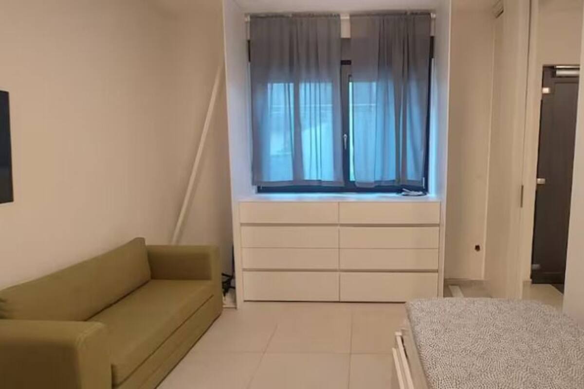 A room with a sofa, a bed, a window with curtains, and a television.