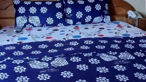 Un lit avec une couvre-lit à motifs floraux bleus et des coussins assortis, une tête de lit en bois et un interrupteur blanc sur le mur.