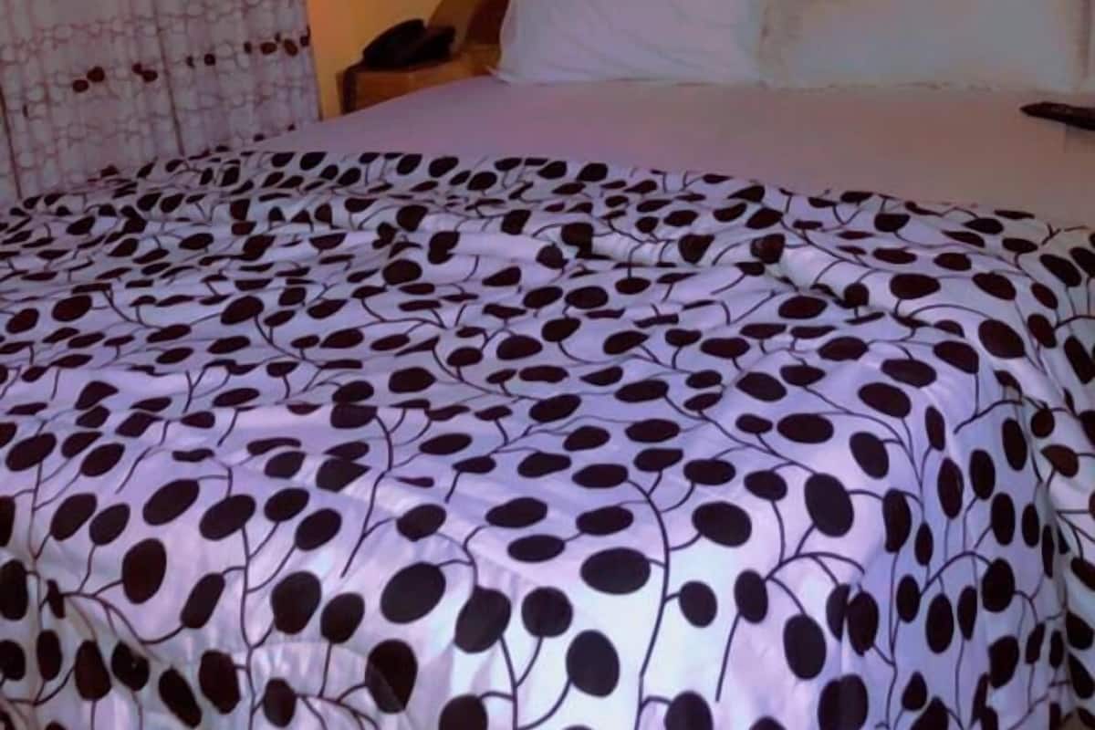 A bedroom with a bed, white curtains, a painting on the wall, and a patterned bedspread.