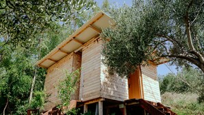 Een houten vakantiehuis met schuin dak, gelegen in een oeverberm omringd door bomen.