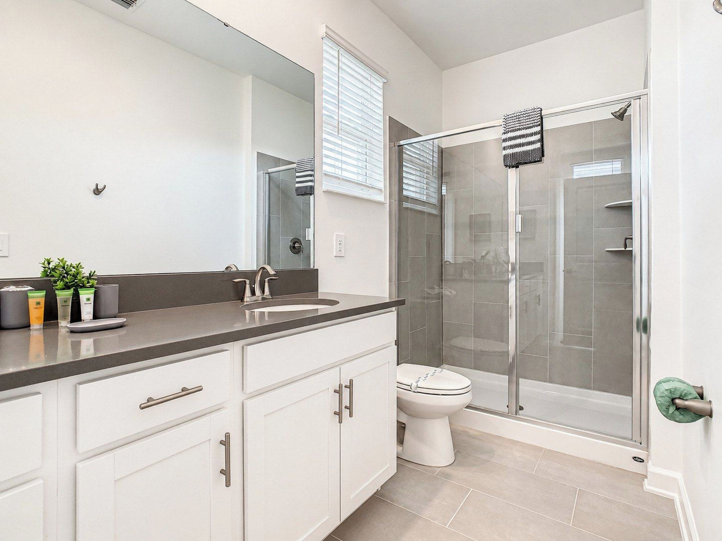 A modern bathroom with a large mirror, two sinks, a toilet, and a glass-enclosed shower.