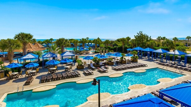 A resort pool area with multiple sun loungers and umbrellas, surrounded by palm trees and a clear view of the ocean.