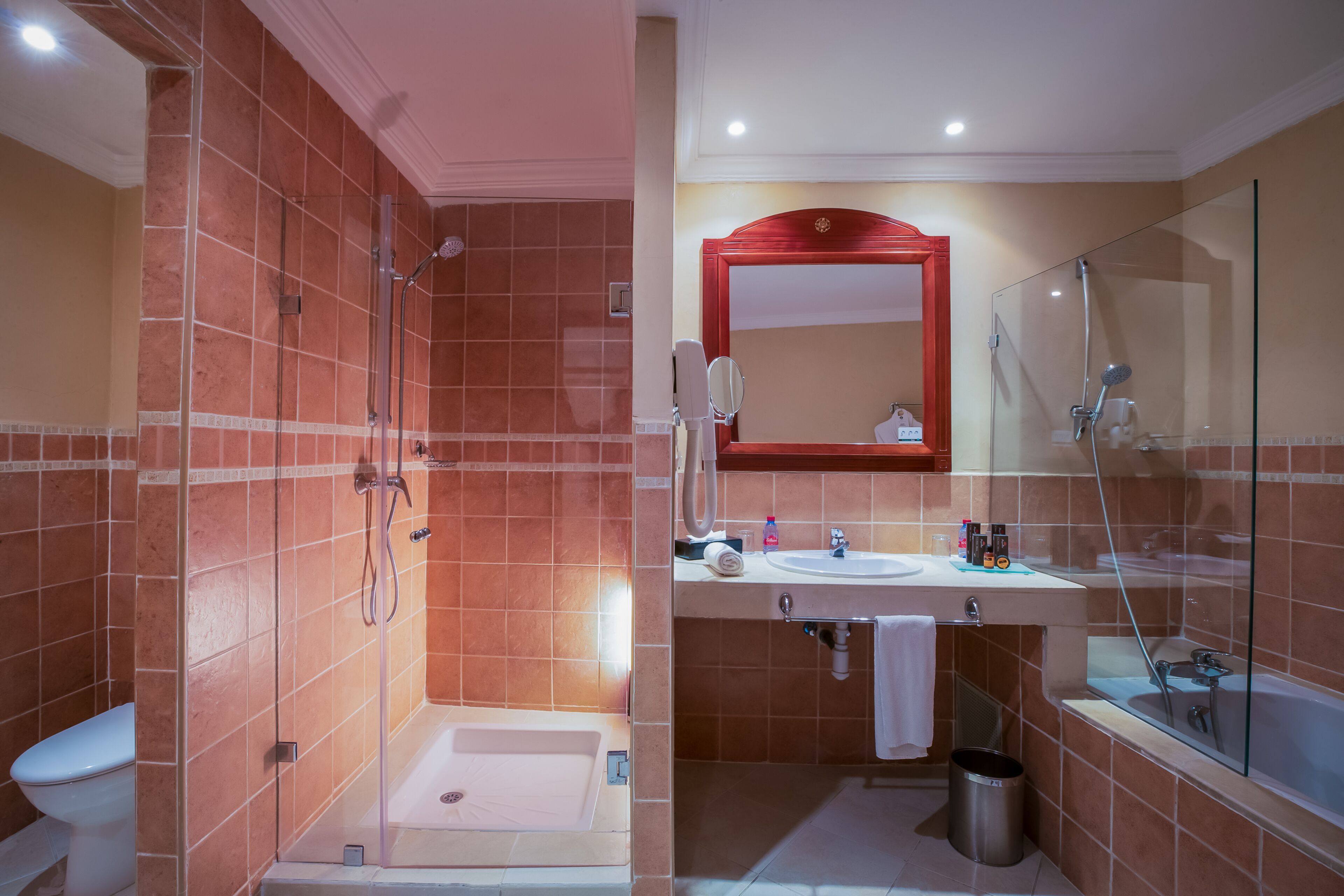 A modern bathroom with a glass-enclosed shower, a white sink, and a large mirror above the vanity.