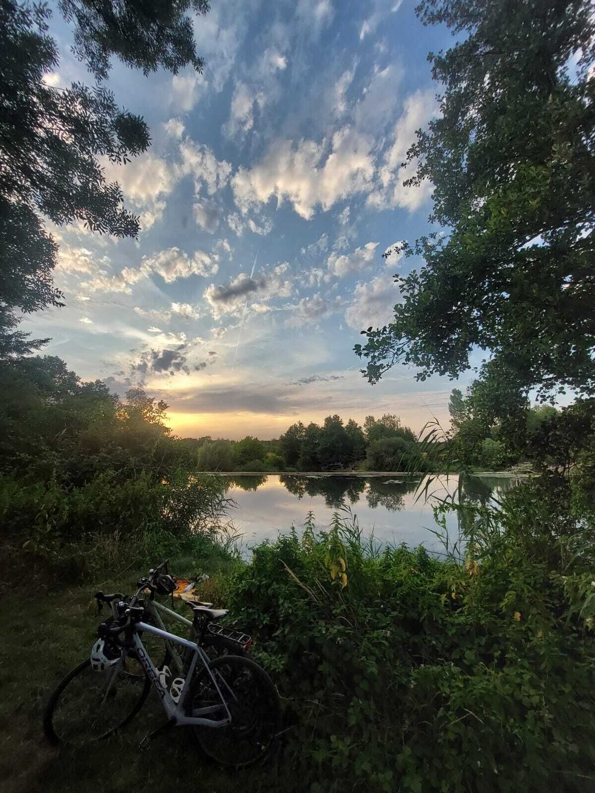 A tranquil lakeside scene with a bicycle parked near the water's edge, surrounded by lush greenery.