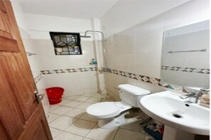 Shower, towels, soap, toilet paper