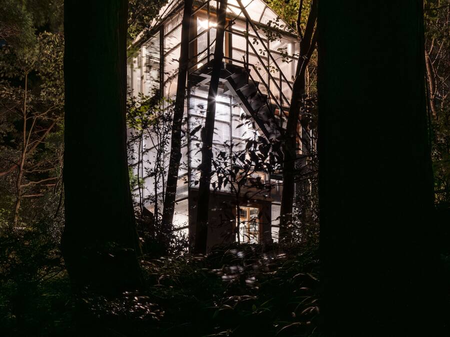 A house surrounded by trees at night.
