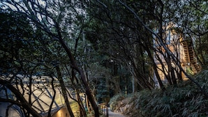 A pathway through a forested area with a building on the left and a staircase on the right. - ThinkStay Mt. (Kobe)
