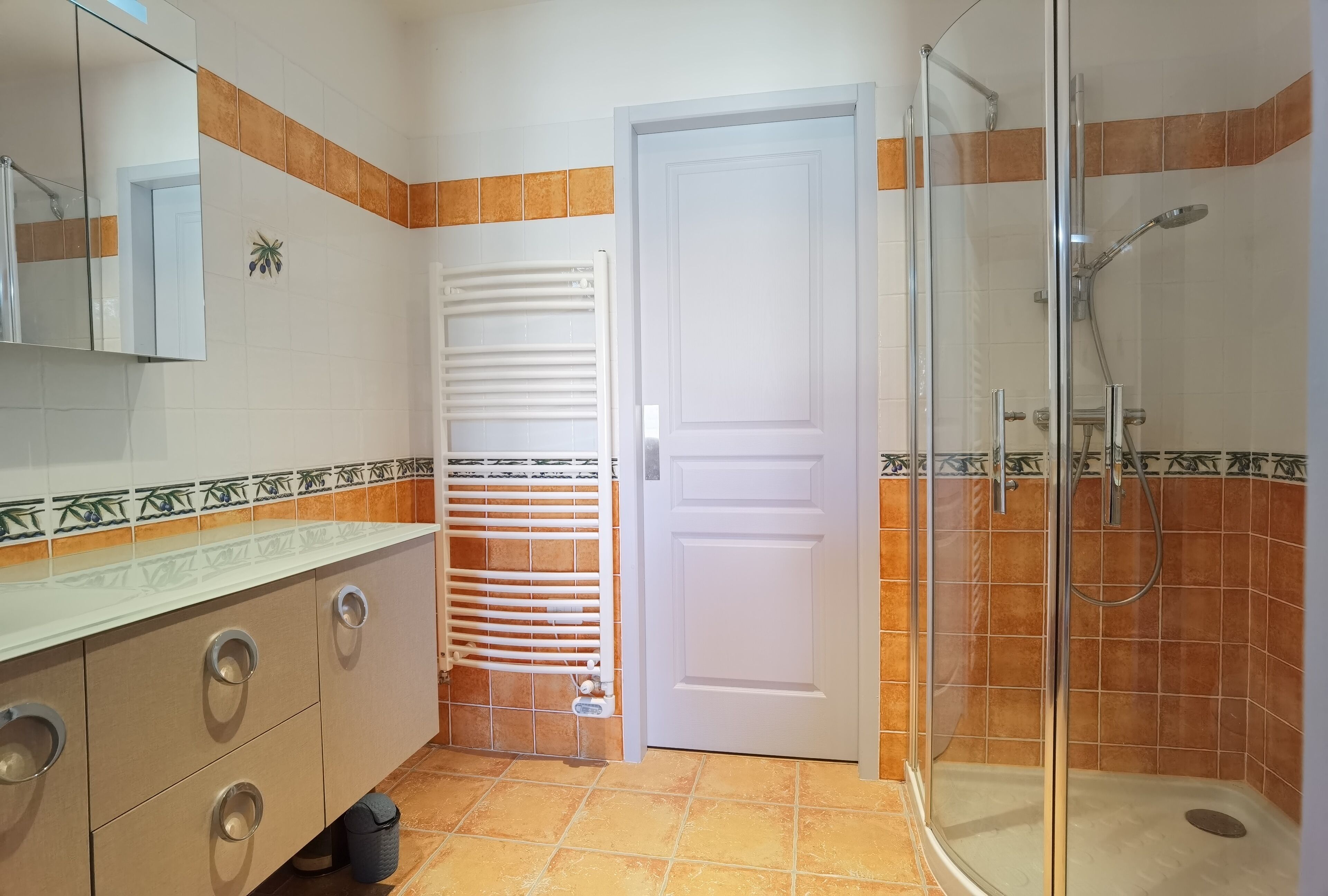 A bathroom with a glass shower enclosure, a white door, and a towel rack.