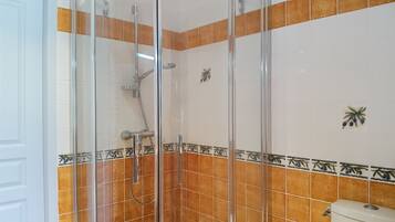Une salle de bain avec une douche à parois de verre, des toilettes et des murs carrelés.