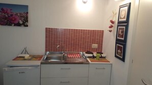 A compact kitchen with a sink, a small countertop, and a refrigerator.