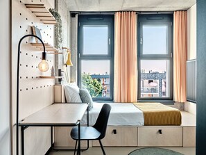 Desk, laptop workspace, blackout curtains, iron/ironing board - Basecamp Wrocław (Wroclaw)