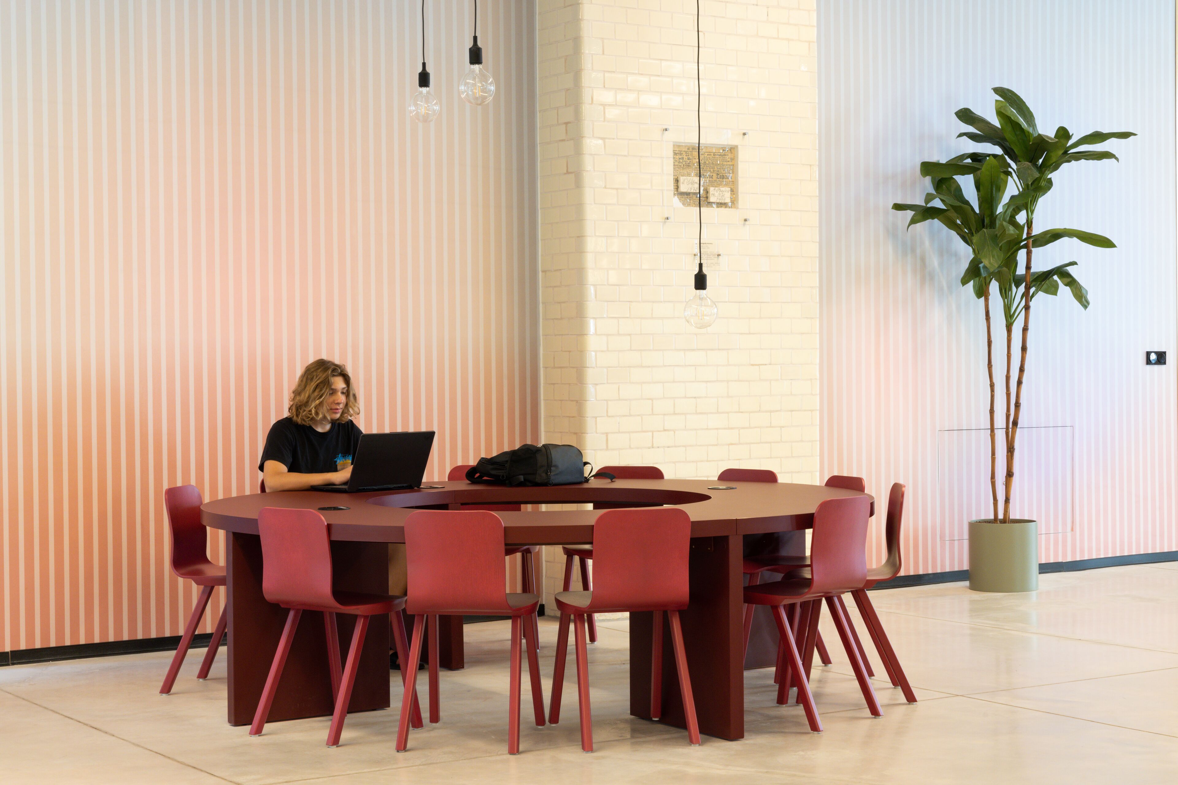 A conference room with a round table, red chairs, a laptop on the table, and a potted plant.