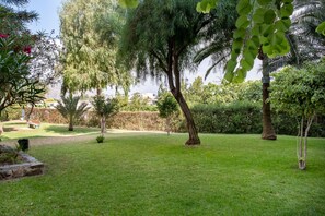 A well-maintained garden with various trees and a lawn. - Studio Apartment with Shared Pool, Wi-Fi and Air Conditioning (La Cala del Moral)