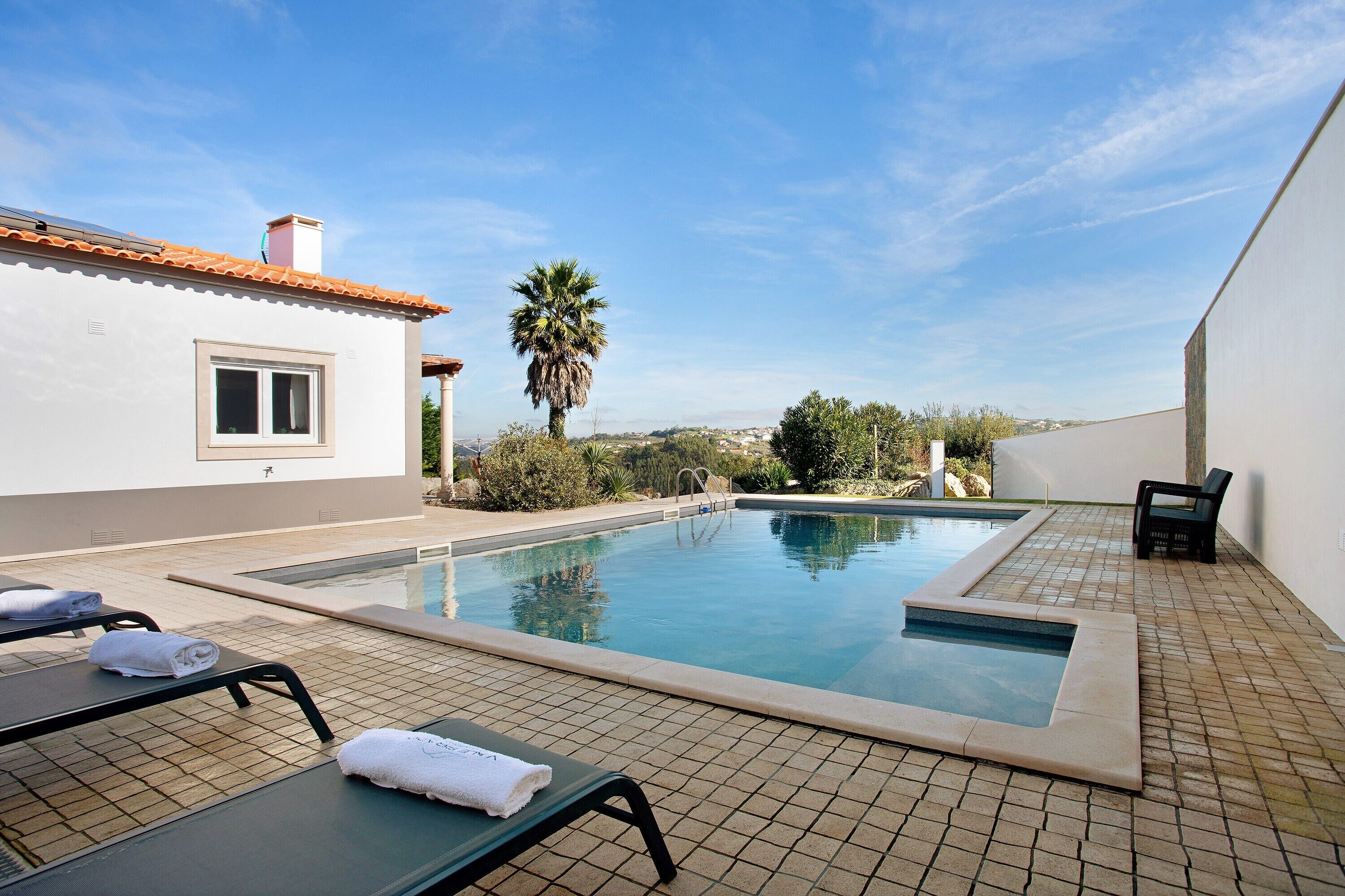Una piscina con sillones de descanso y una palmera.