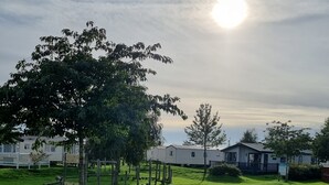 A grassy area with trees and a row of mobile homes under a cloudy sky. - Immaculate 8-bed Cabin in Tattershall Lake (Lincoln)