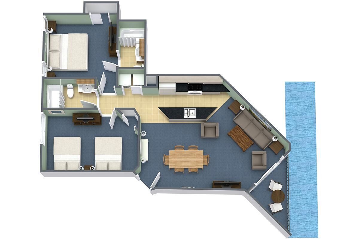 Distribución de un apartamento de dos habitaciones y dos baños, con kitchenette, comedor y balcón con vistas al agua.