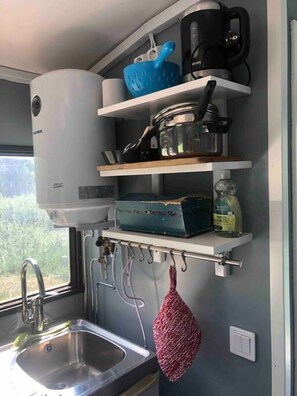 Fridge, microwave, stovetop, high chair